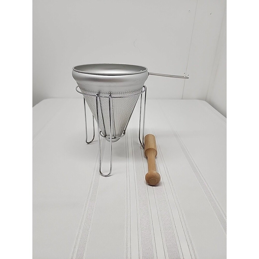 Vintage Mirro Cone Sieve/China Cap With Stand And Small Wood Pestle